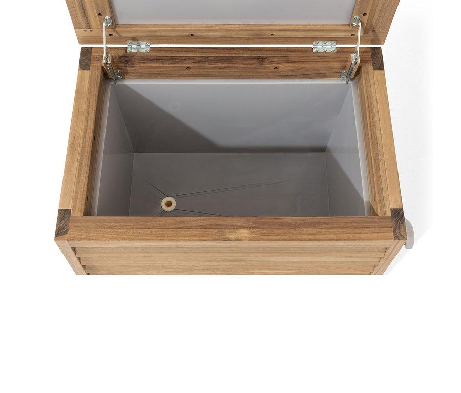 Draufsicht auf eine offene, dekorative Kühlbox mit Flaschenöffner.