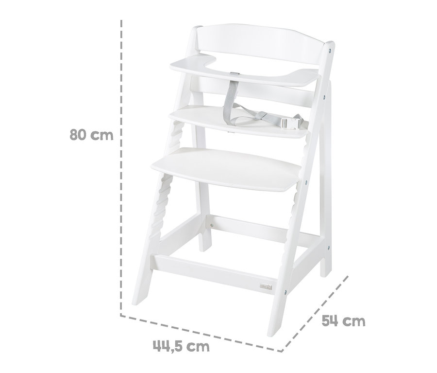 Weißer roba Treppenhochstuhl »Sit Up Flex« mit Größenangaben.