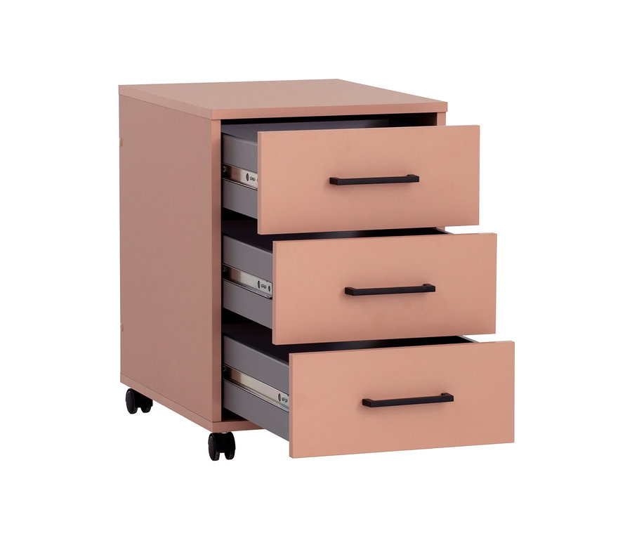 Abgebildet ist ein geöffneter Rollcontainer »Ruby« in Aprikosenfarbe mit drei Schubladen und schwarzen Griffen.