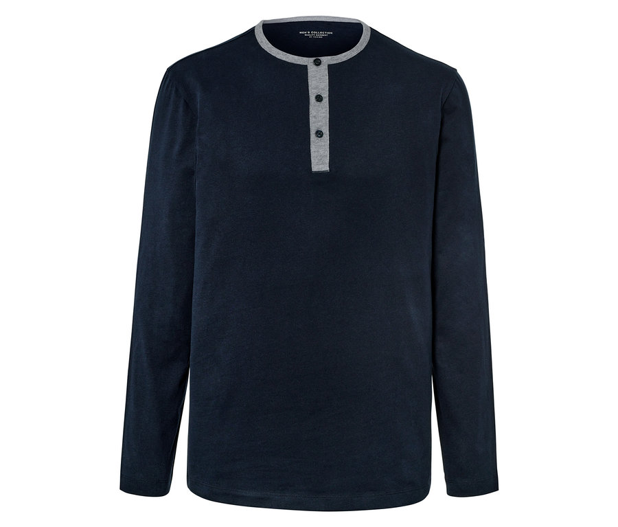 Dunkelblaues Pyjama-Shirt mit langen Ärmeln und grauem Kragen. Drei Knöpfe auf der Brust.