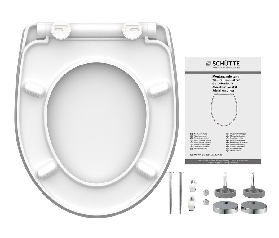 Weißer SCHÜTTE Duroplast-High-Gloss-WC-Sitz »ROUND DIPS« mit Montageanleitung und Montagezubehör.