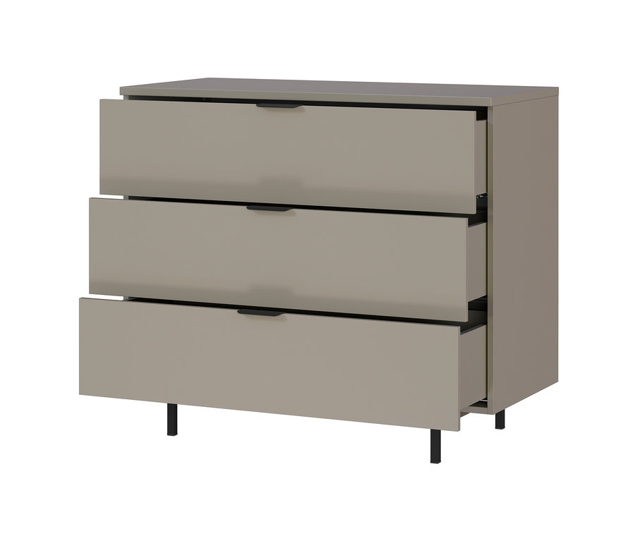 Beige Wickelkommode »Tomino« mit drei Schubladen, einige davon geöffnet.