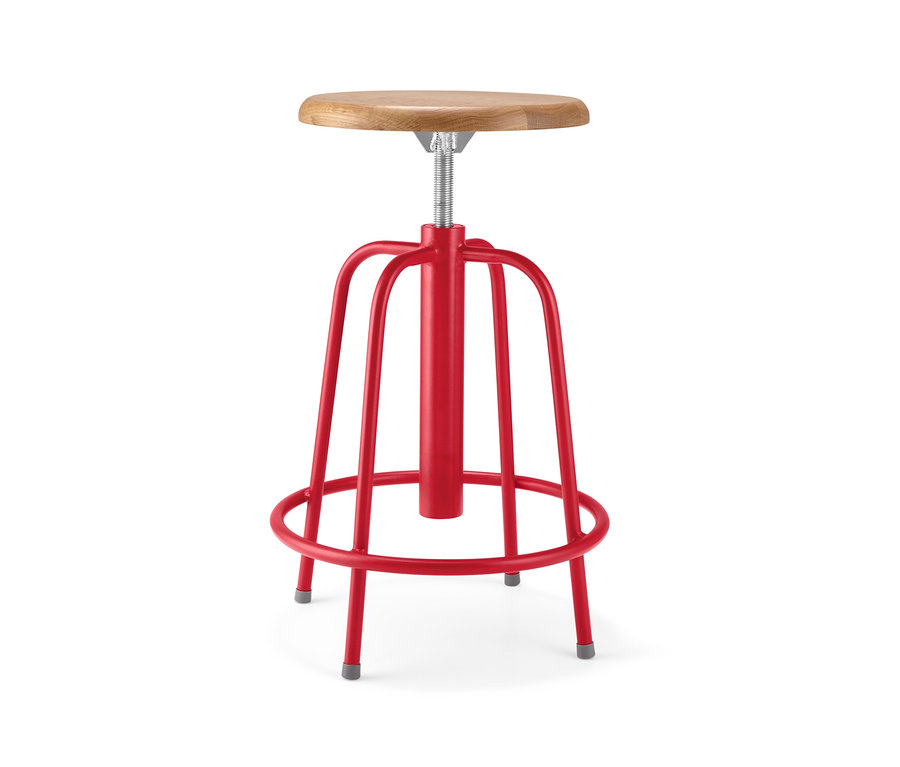 Ein roter, höhenverstellbarer Barhocker mit einer Sitzfläche aus Holz.