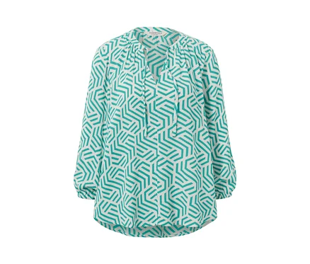 Nahaufnahme einer bedruckten Tunika-Bluse in Aqua.