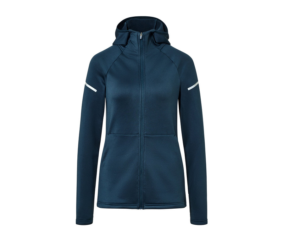Dunkelblaue Thermojacke mit Reissverschluss und Kapuze.