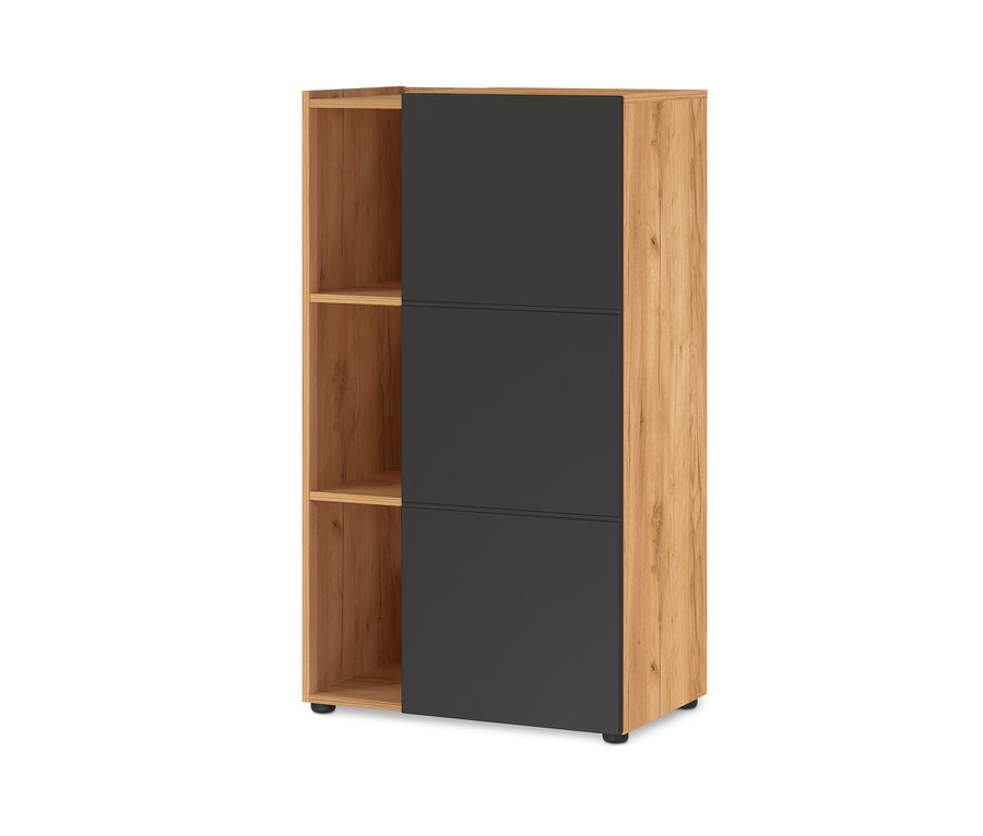 Kleiner Aktenschrank »Olvera« mit Holzregalen und grauen Türen.