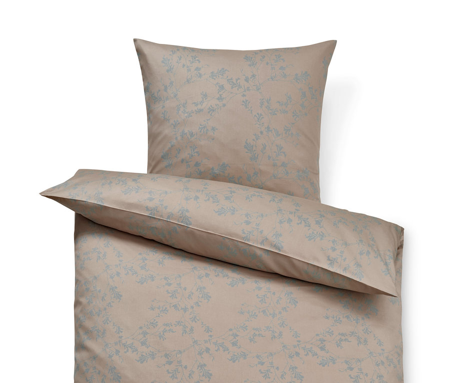 Beige-blaue Satin-Bettwäsche in Normalgröße mit Blumenmuster.