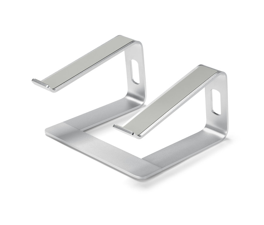Zwei silberne Laptop-Ständer.