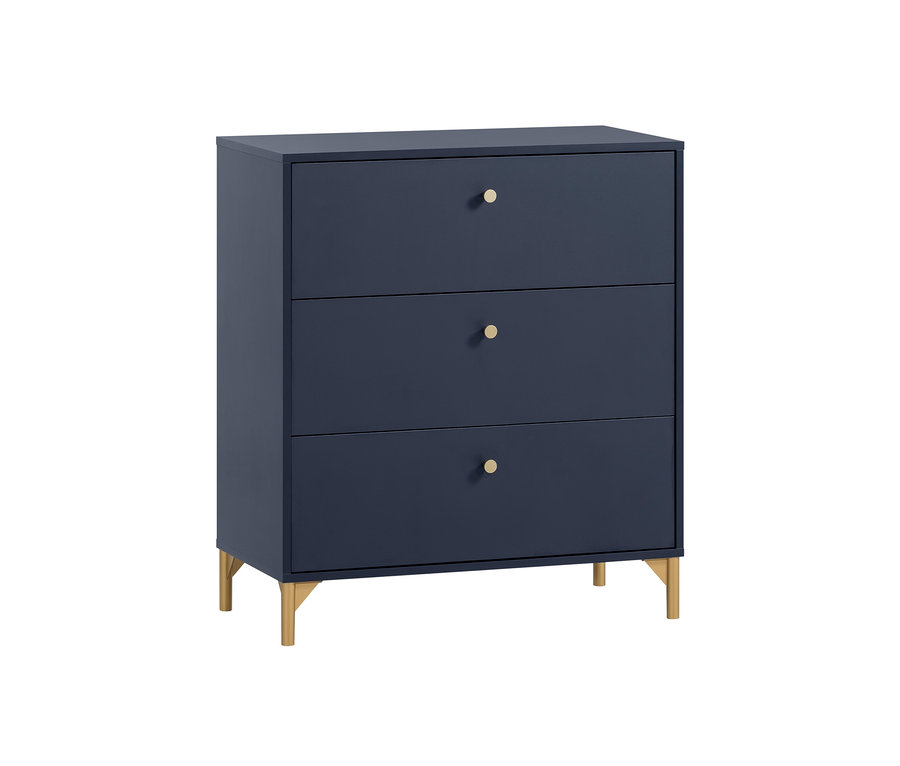 Eine kleine, dunkelblaue Kommode »Alfa« mit drei Schubladen und goldenen Beinen.