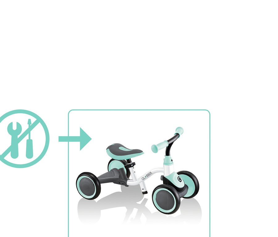 Weiß-mintfarbenes GLOBBER Kinderrad » Learning Bike 3 in 1« mit Schiebestange.