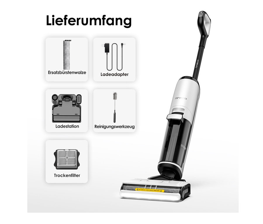 Das Tineco Floor One S7 Steam Plus Zubehör umfasst eine Ersatzbürstenwalze, einen Ladeadapter, eine Ladestation, ein Reinigungswerkzeug und einen Trockenfilter.