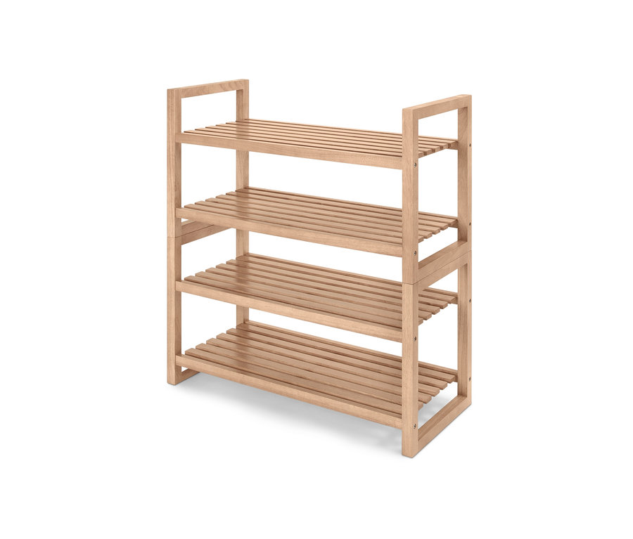 Ein vierstöckiges, stapelbares Regal aus Massivholz.