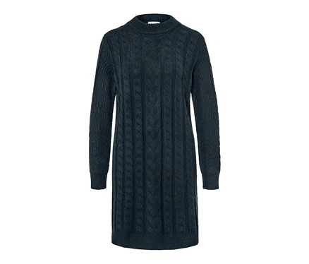 Dunkelblaues Strickkleid mit Zopfmuster.