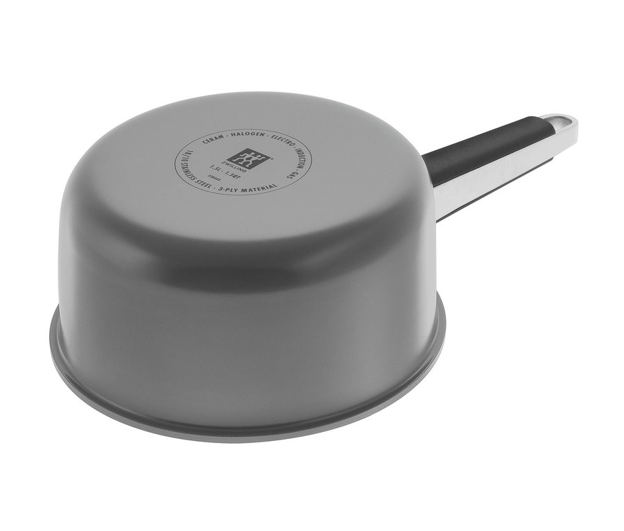 Detailansicht eines grauen ZWILLING PURE Edelstahl-Kochtopfs aus einem 5-teiligen Set.