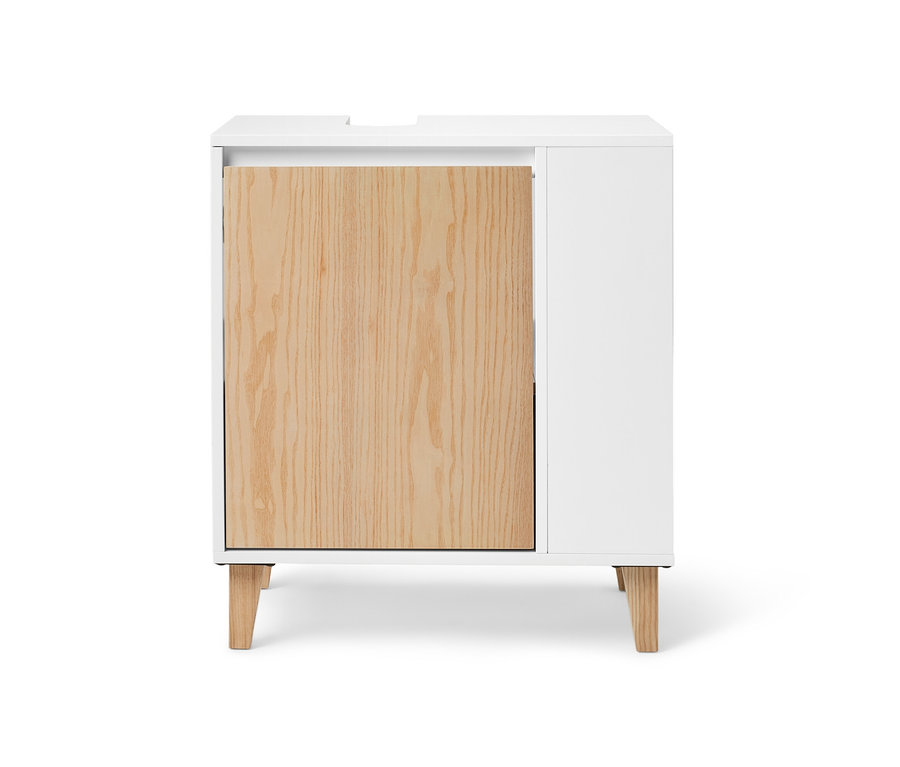 Waschbeckenunterschrank mit Tür und seitlichem Fach, die Tür ist aus Holz, der Rest ist weiß.
