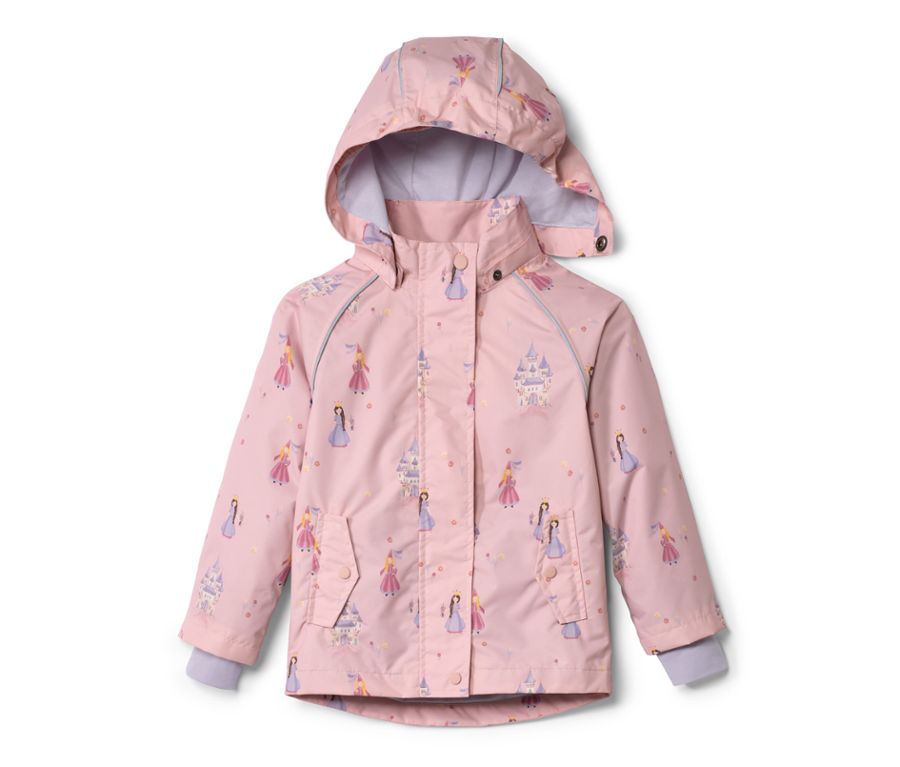 Rosa Kinder-Regenjacke mit Prinzessinnen- und Burgmotiven.
