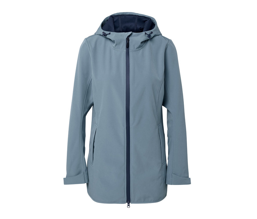 Eine blaue Softshelljacke mit Reißverschluss und Kapuze.