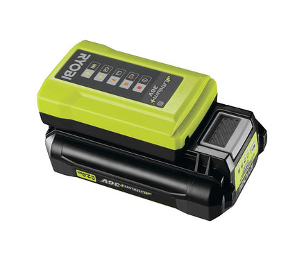 Ein grüner und schwarzer Ryobi 36 V Akku.