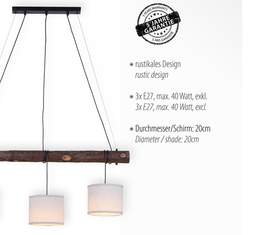 Pendelleuchte »Bark« im rustikalen Design mit drei Lampenschirmen.