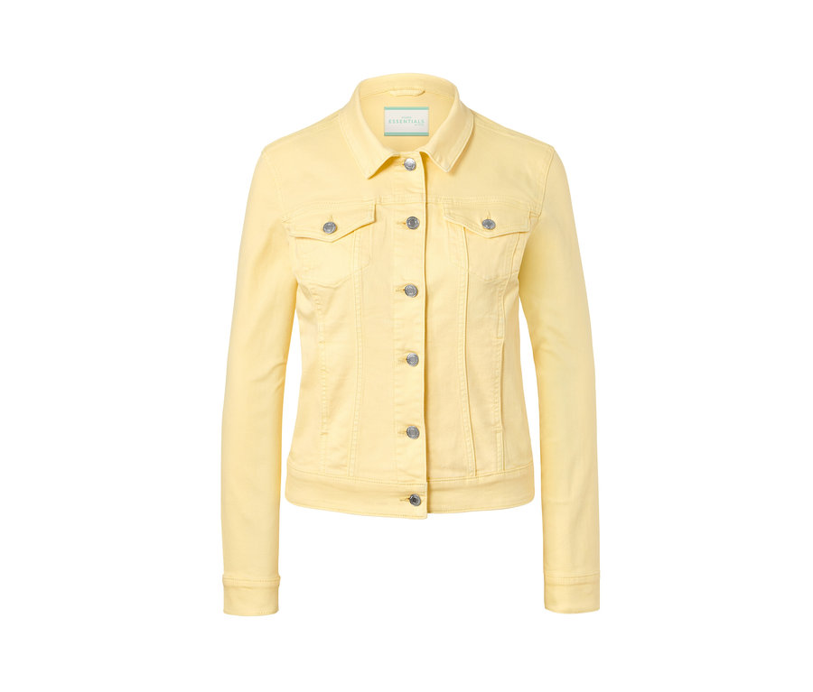 Gelbe Jeansjacke mit Knöpfen.