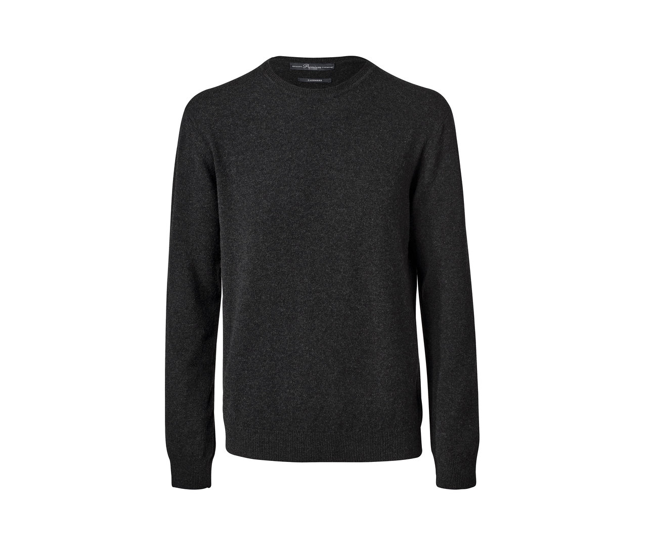 Grauer Cashmere-Pullover mit Rundhalsausschnitt.
