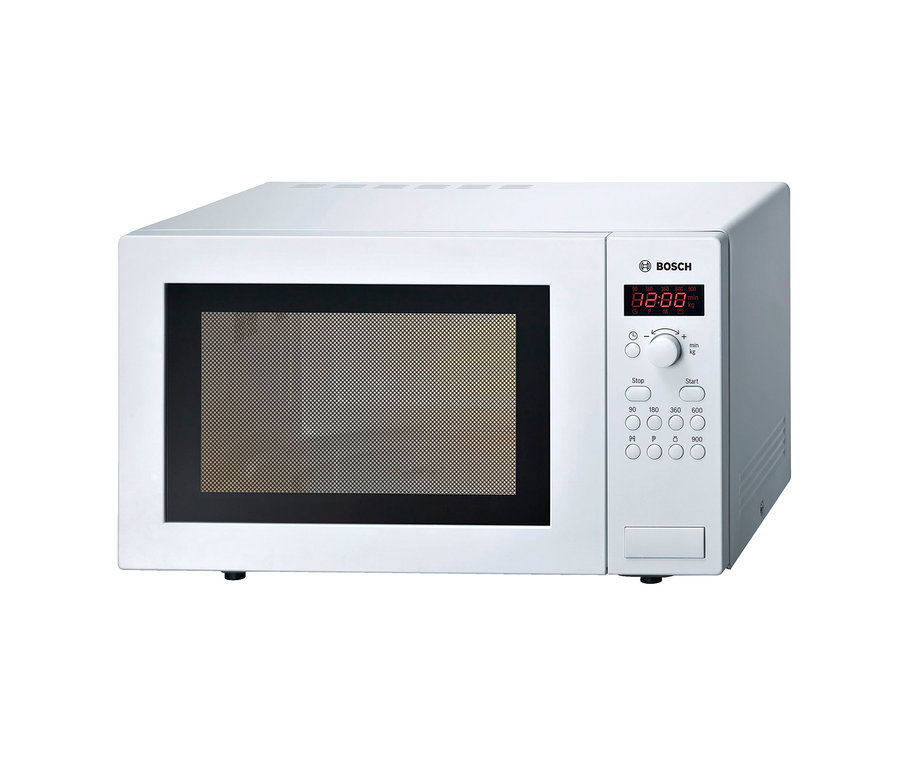 Eine freistehende, weiße Mikrowelle Bosch »HMT84M421«.