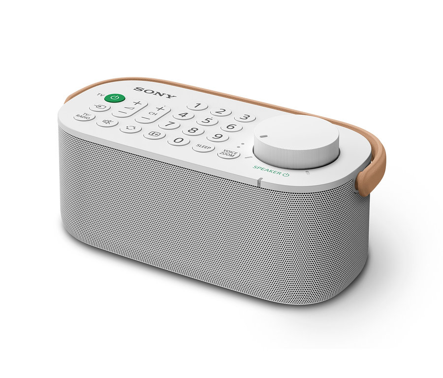 Nahaufnahme des weißen, tragbaren Sony TV-Funklautsprechers mit Bedienelementen oben.