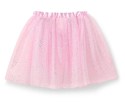 Ein rosafarbener Tüllrock mit elastischem Bund und Glitzerdetails.