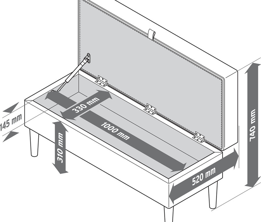 Eine Abbildung einer Polsterbank mit Stauraum, die Maße sind in Millimeter angegeben.