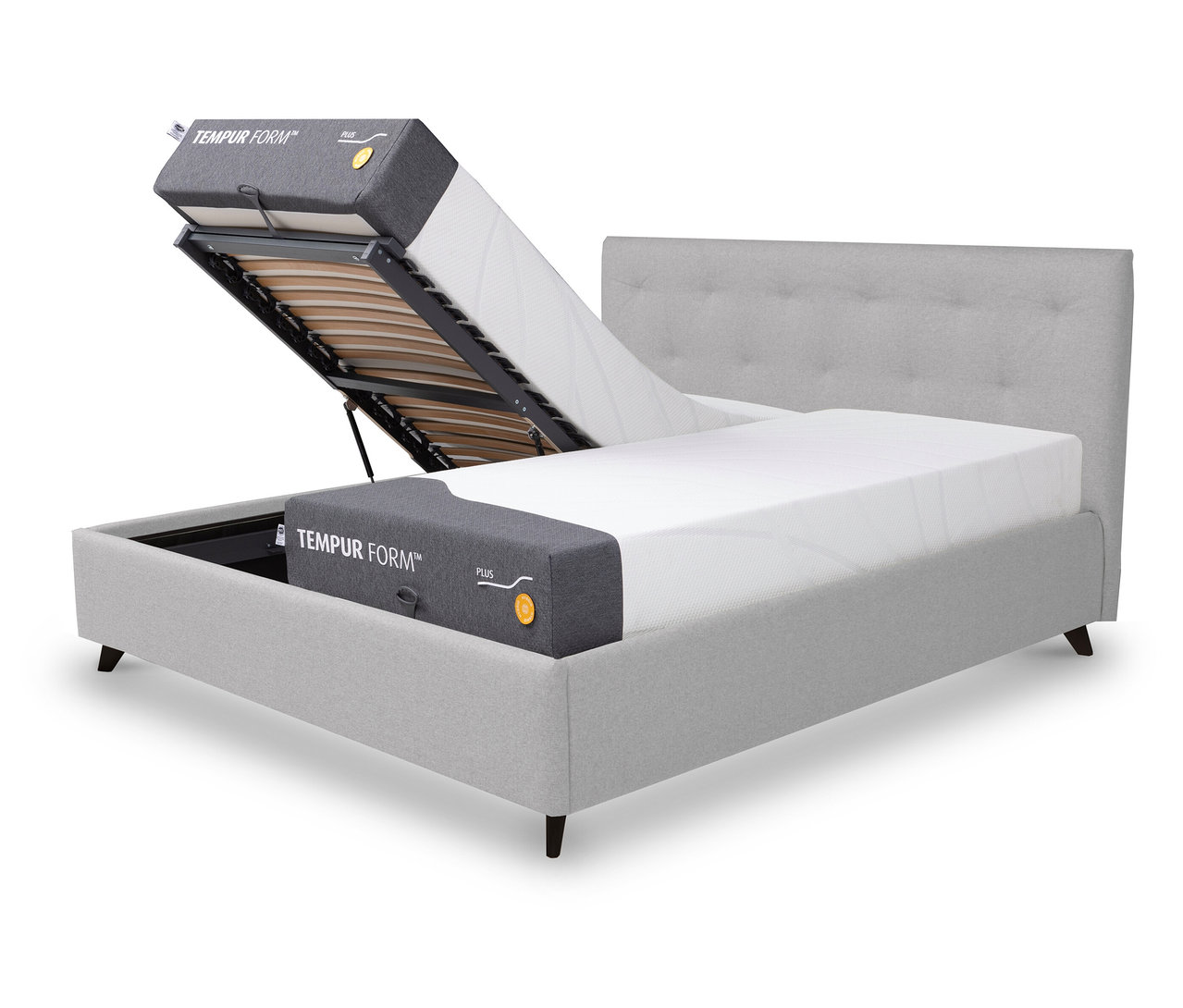 TEMPUR FORM™ Bett DOTS, 180 x 200 cm mit hochgeklapptem Lattenrost.