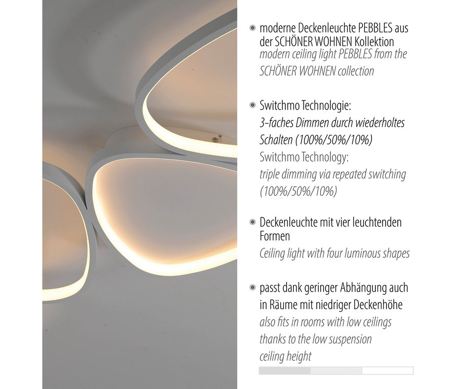 Nahaufnahme der SCHÖNER WOHNEN-Kollektion Deckenleuchte »Pebbles«, lang, die an einer Decke befestigt ist.