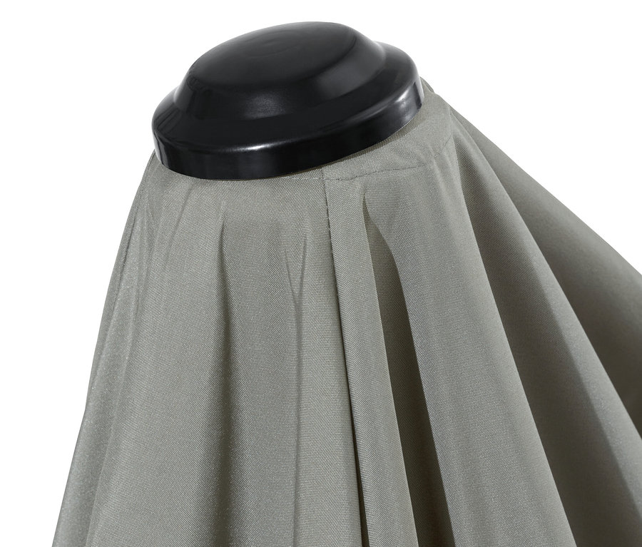 Detailansicht eines hellgrauen Leco Doppel-Sonnenschirms.