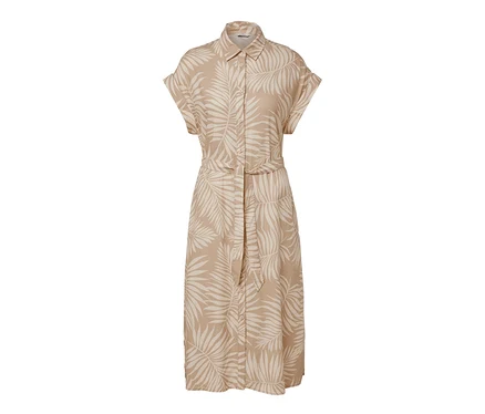 Ein bedrucktes Leinenkleid in Beige mit kurzen Ärmeln und Blättermuster.