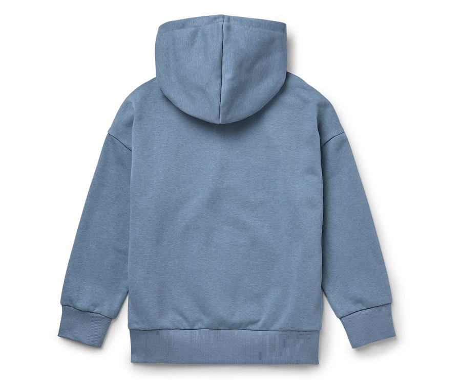 Ein blauer Kapuzenpullover von hinten auf einem weißen Hintergrund.