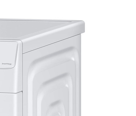 Weiße Samsung Waschmaschine mit schwarzer Tür und Digitalanzeige.