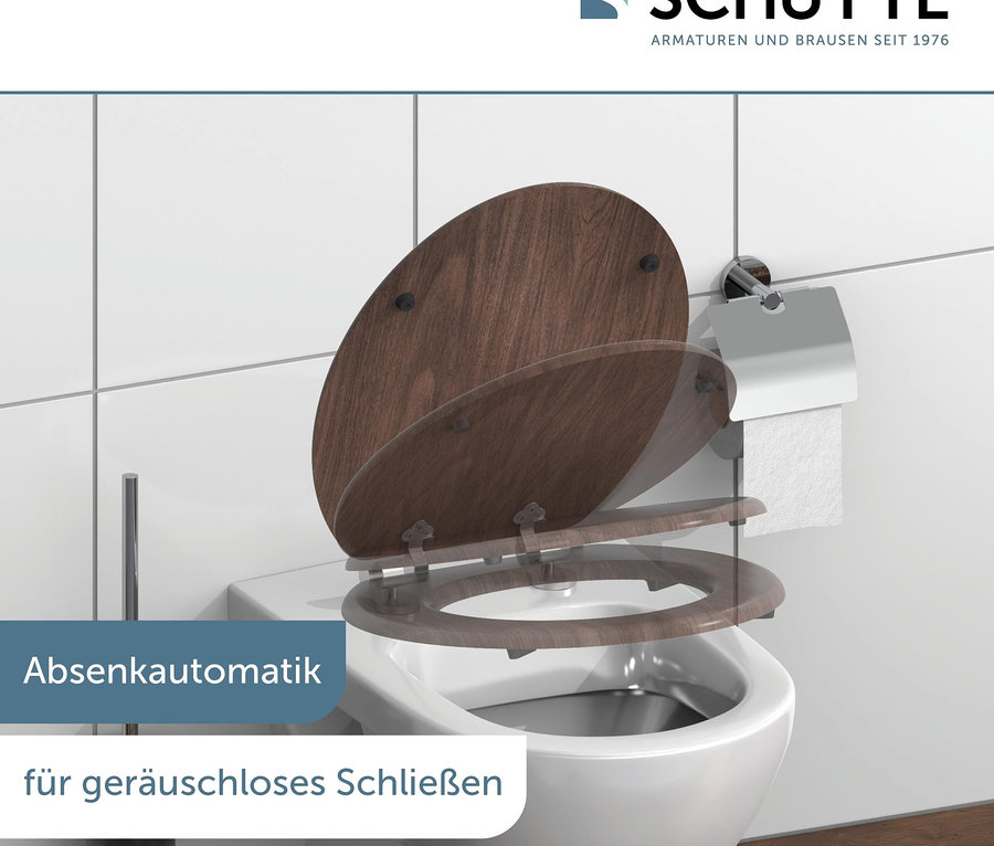 Geöffnetes WC mit einem WC-Sitz aus braunem Holz und weißer Keramik.