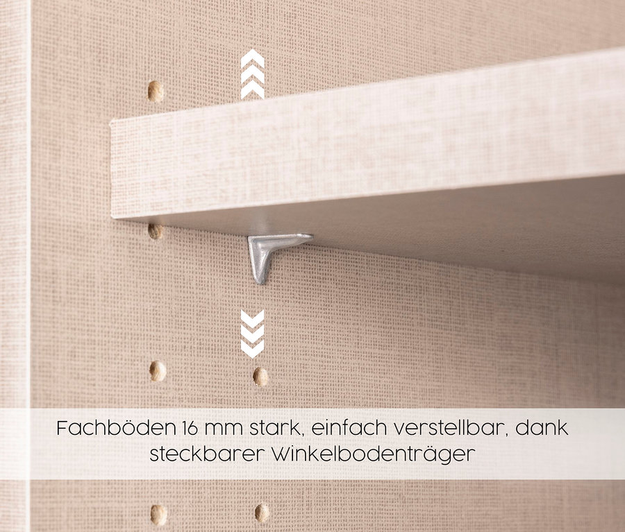Detailansicht eines weißen rauch Drehtürenschranks »Skandi« mit Regal und Halterung.