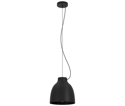 Schwarze Hängelampe mit rundem Lampenschirm.