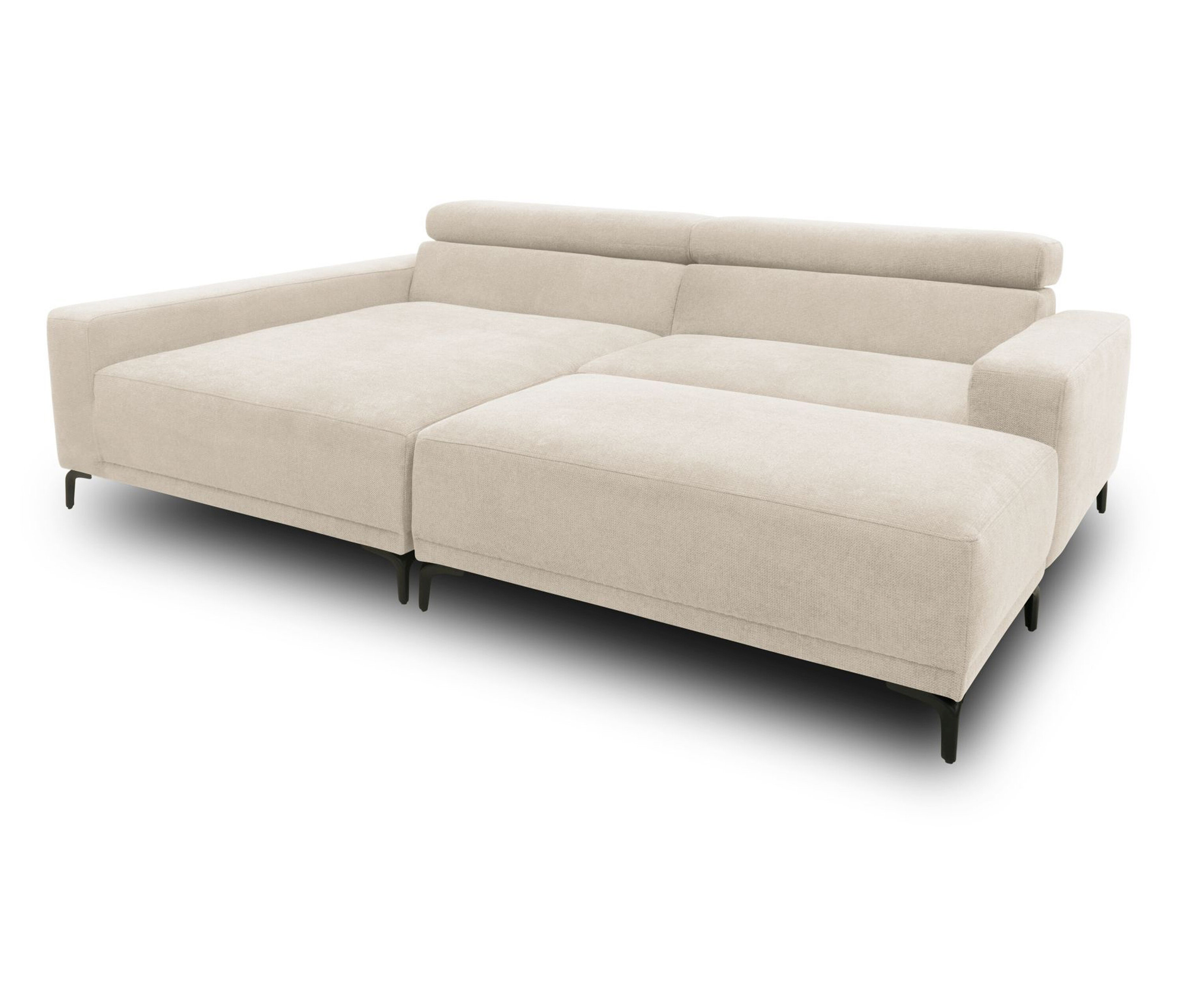 Cremefarbenes DOMO Eck-Schlafsofa mit Hocker, linksbündig.