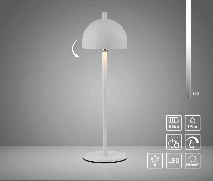 Weiße Lampe mit verstellbarem Schirm und LED-Licht.