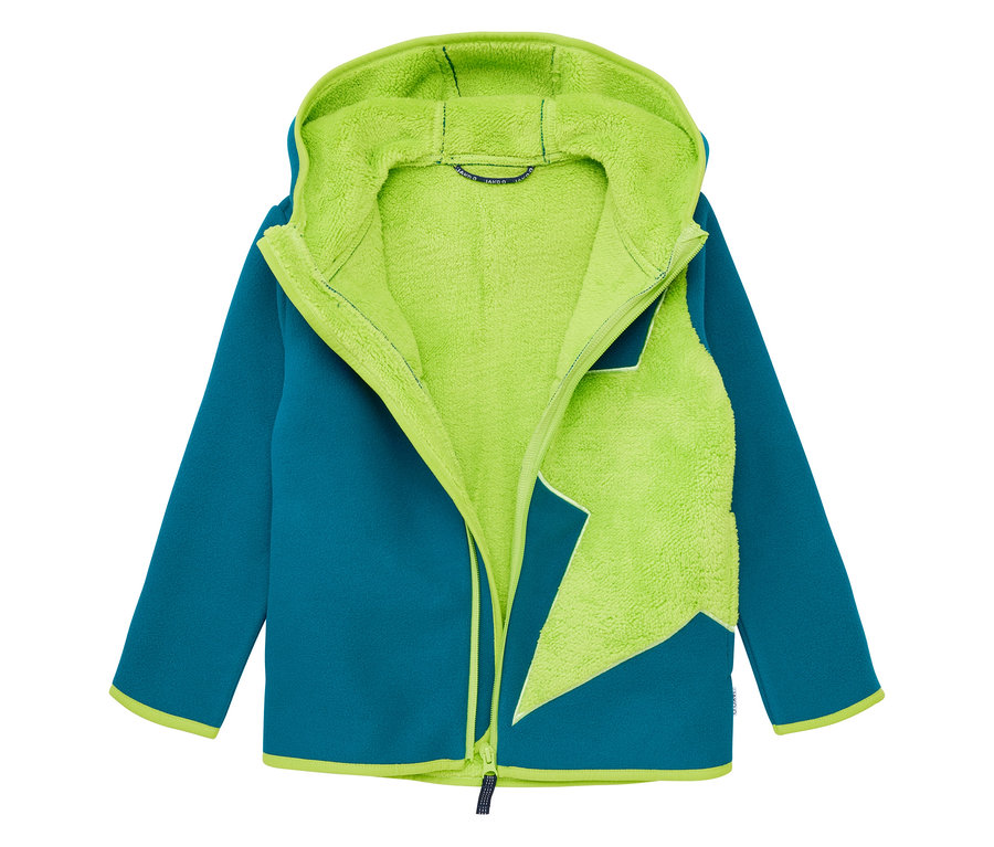 Offene, petrolfarbene JAKO-O Kuschelfleecejacke mit Kapuze und hellgrünem Fleece-Innenfutter.