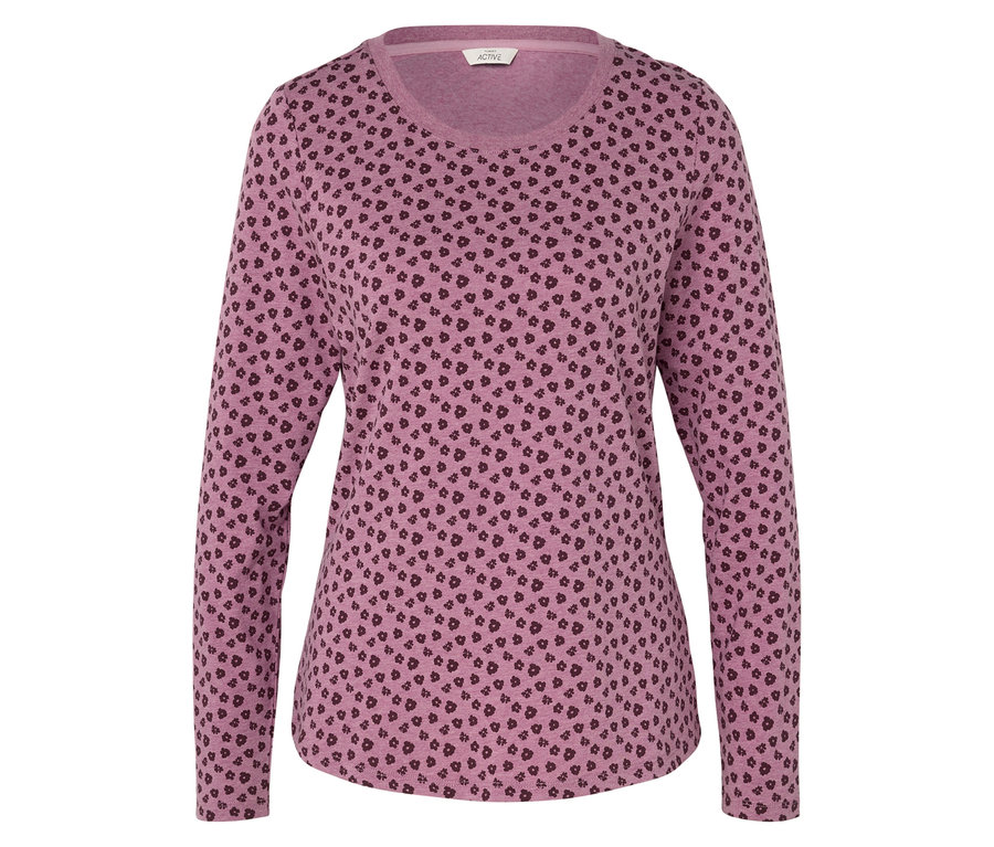 Rosa Langarmshirt mit dunkelvioletten Blumen.