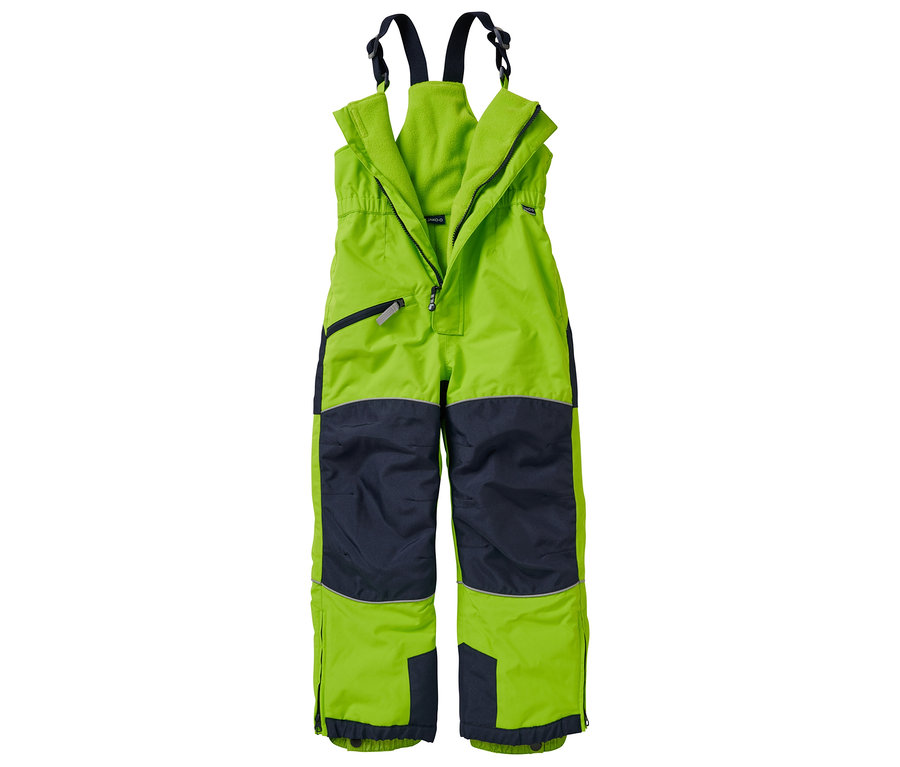 Helle JAKO-O Schneelatzhose mit geöffnetem Reißverschluss und dunklen Knie-Patches.