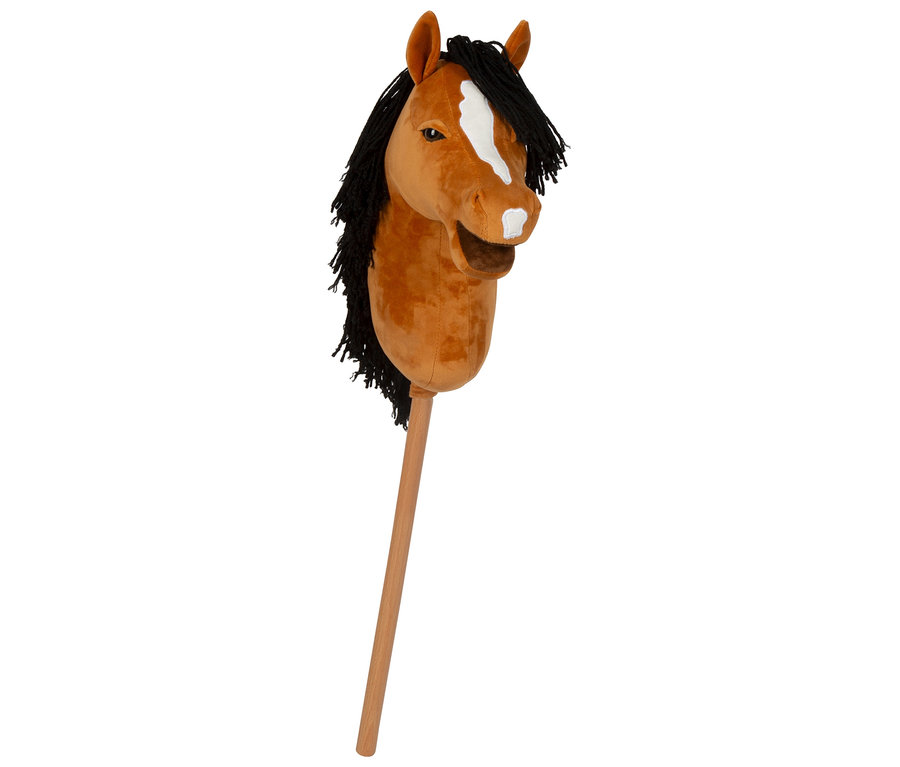 Nahaufnahme des small foot Hobby-Horse »Melodie« mit braunem Kopf, schwarzer Mähne und Holzstock.