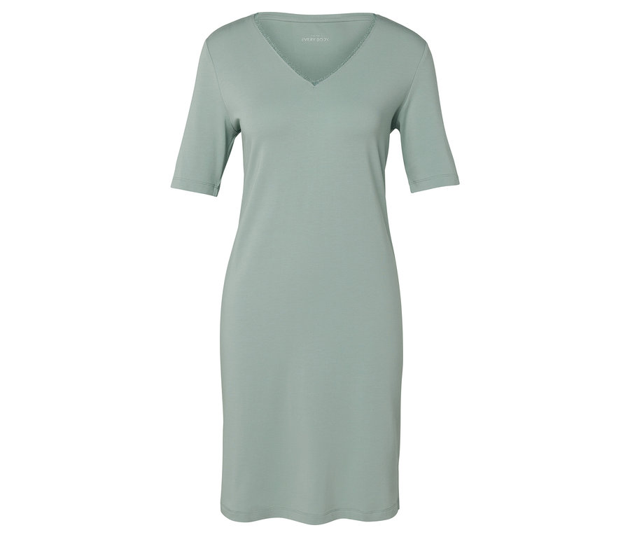 Ein hellgrünes Kleid mit kurzen Ärmeln und V-Ausschnitt.