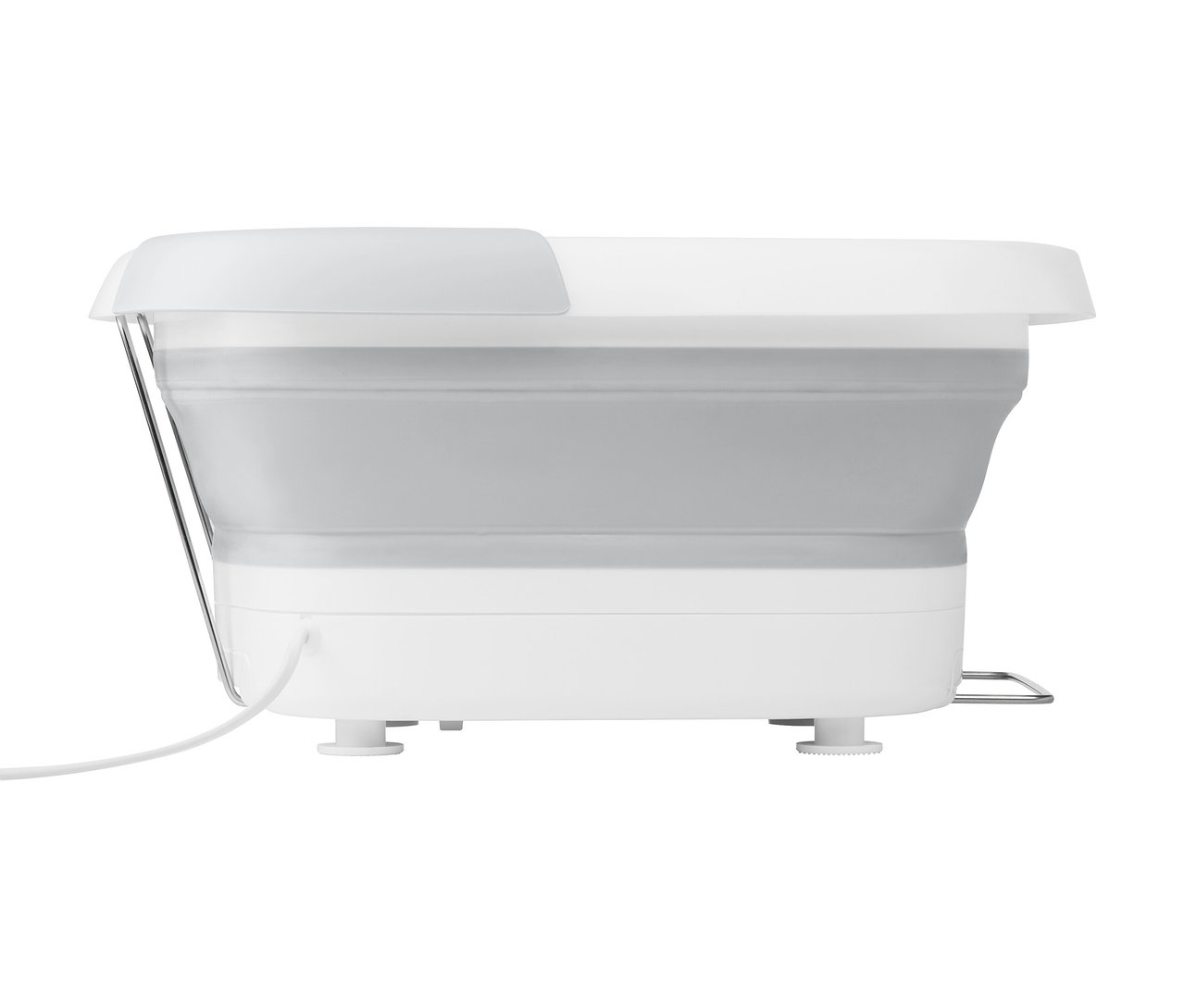 Zusammenklappbarer, weißer und grauer Wäschekorb von der Seite.