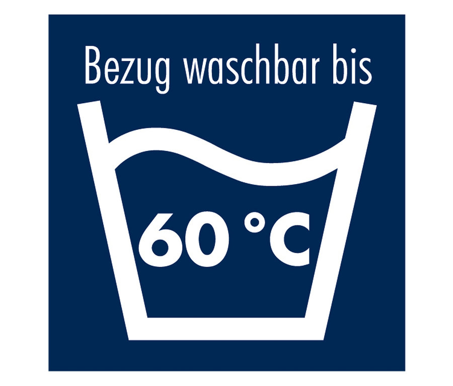 Blaues Quadrat mit weißem Waschsymbol und der Angabe "Bezug waschbar bis 60°C".