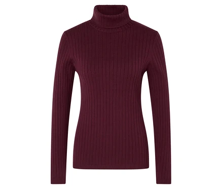 Ein burgunderroter Rollkragenpullover mit Rippenmuster.