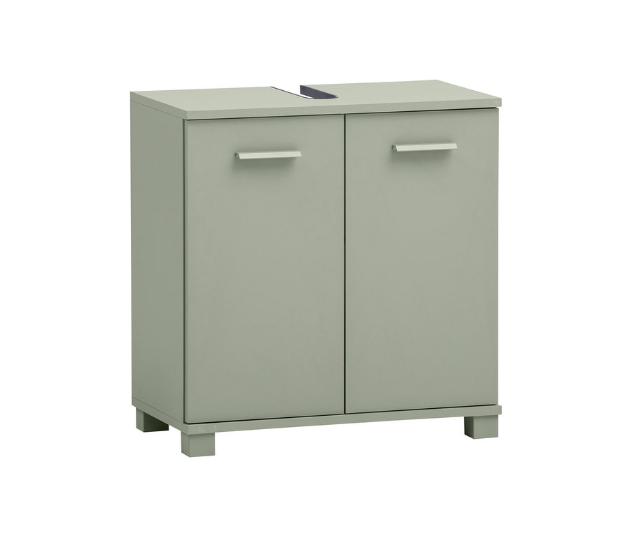 Ein pistazienfarbener Waschbeckenunterschrank »Mono« mit zwei Türen und silbernen Griffen.