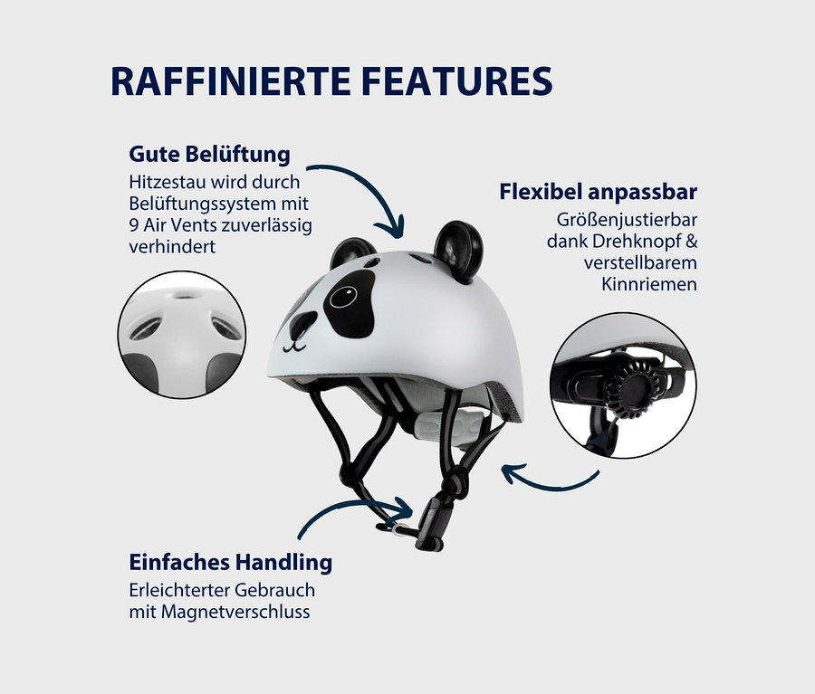 Detailaufnahme von HUDORA Kinderhelm »Pandy« mit Pandaohren und Kinnriemen.